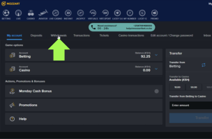 MozzartBet Withdrawal step 1